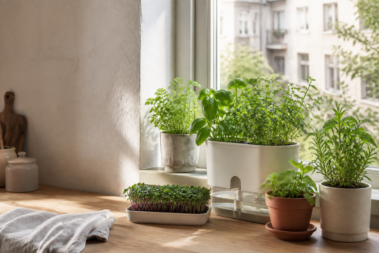 Kräuter und Microgreens auf einer hellen Fensterbank in einer Stadtwohnung